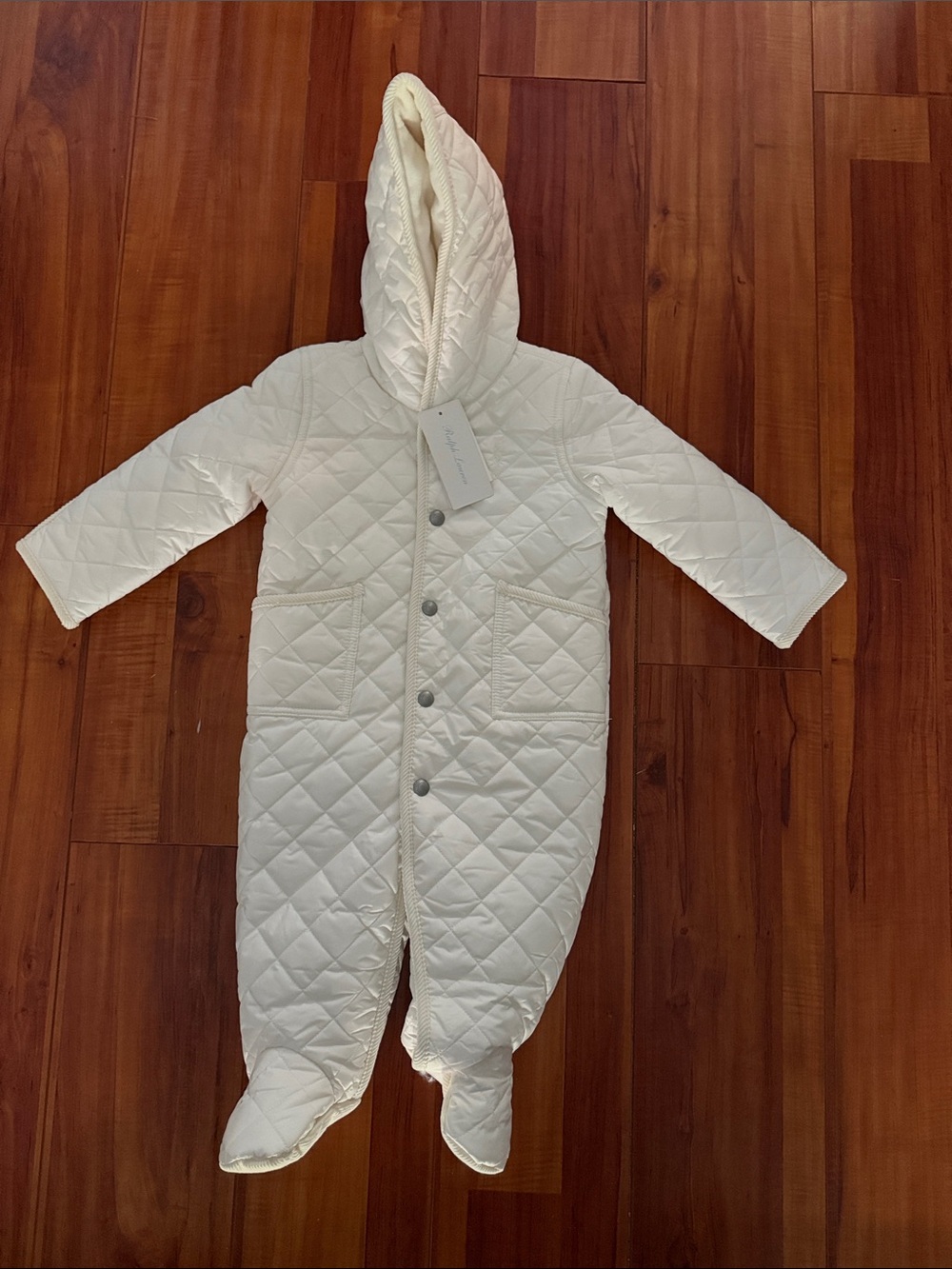 Ralph Lauren Quilted Hooded Baby Snowsuit in Cream